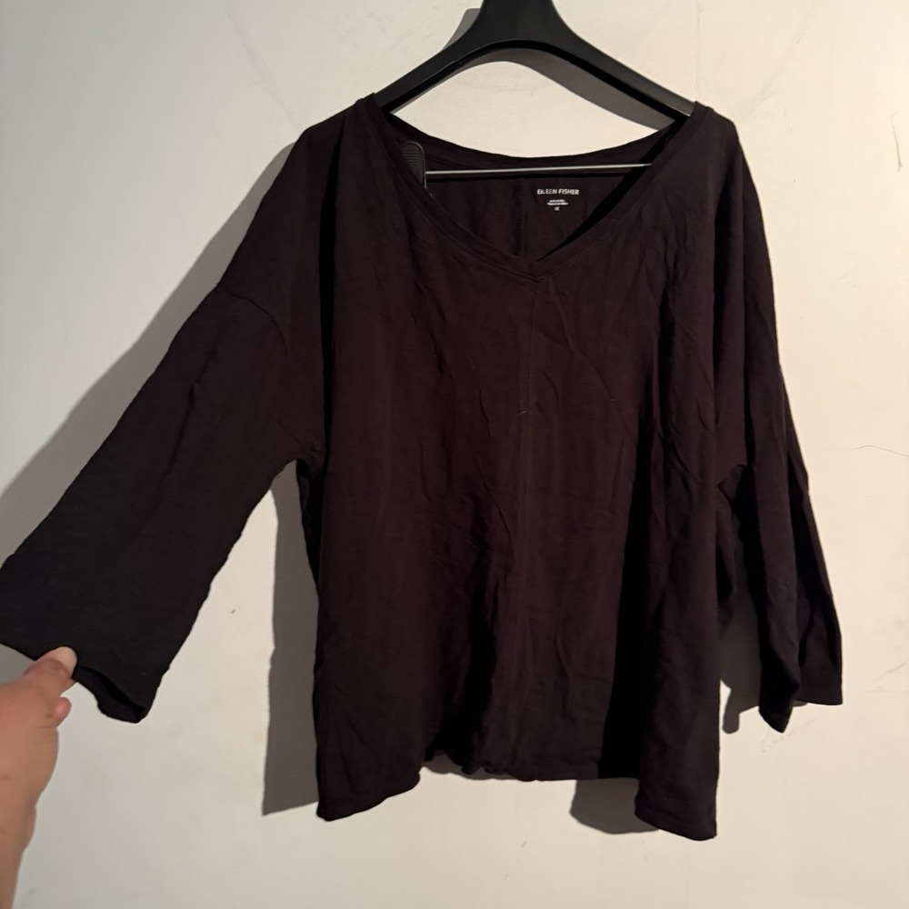 Eileen Fisher 1X Plus Size Top Cropped Layer Lagenlook Black Boho Organic Cotton